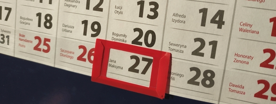 Widok na kalendarz z zaznaczonym dniem 27 grudnia
